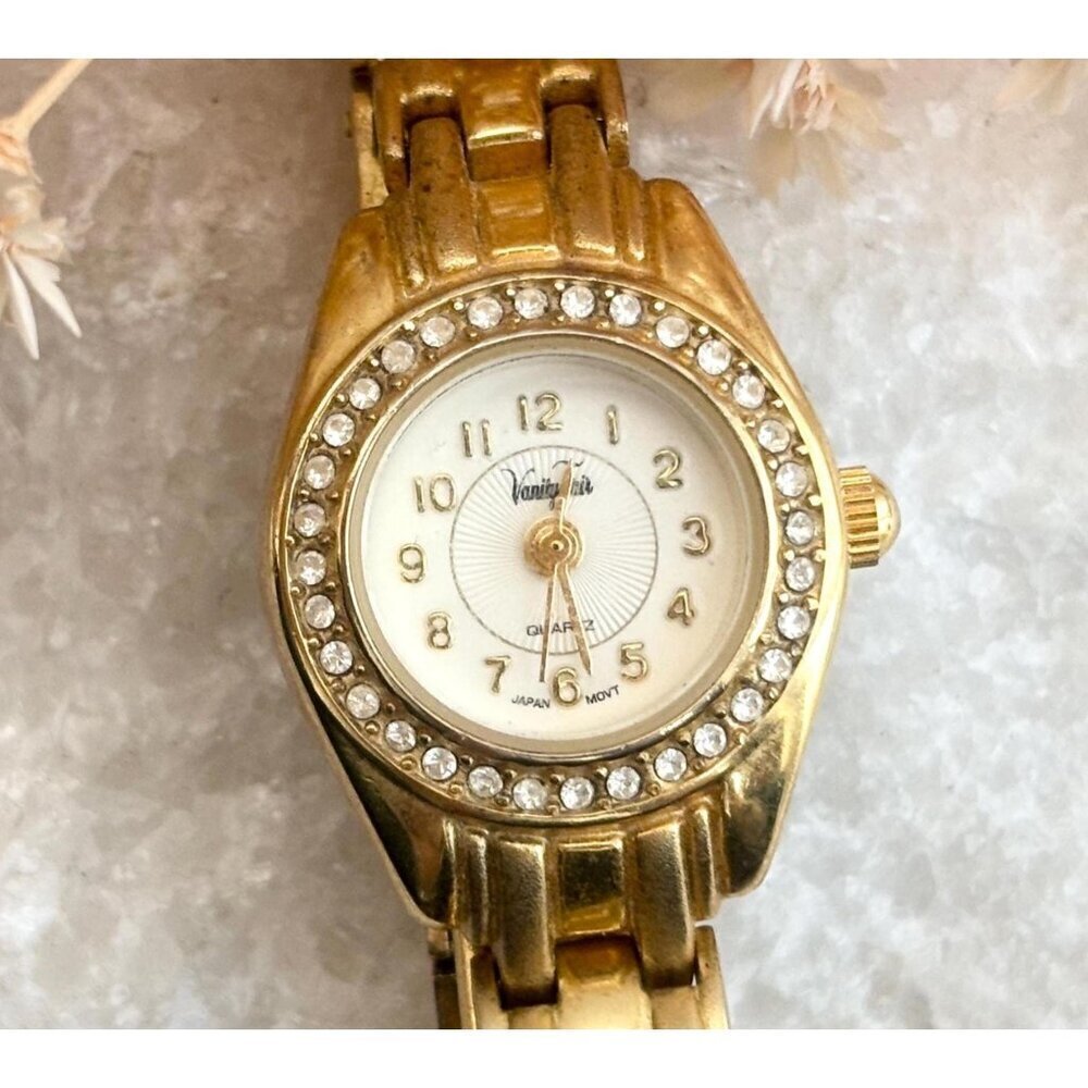Vanity Fair Rhinestone Framed Gold T Stretch Vintage Wristwatch - 19mm - WORKS! - Picture 1 of 16
